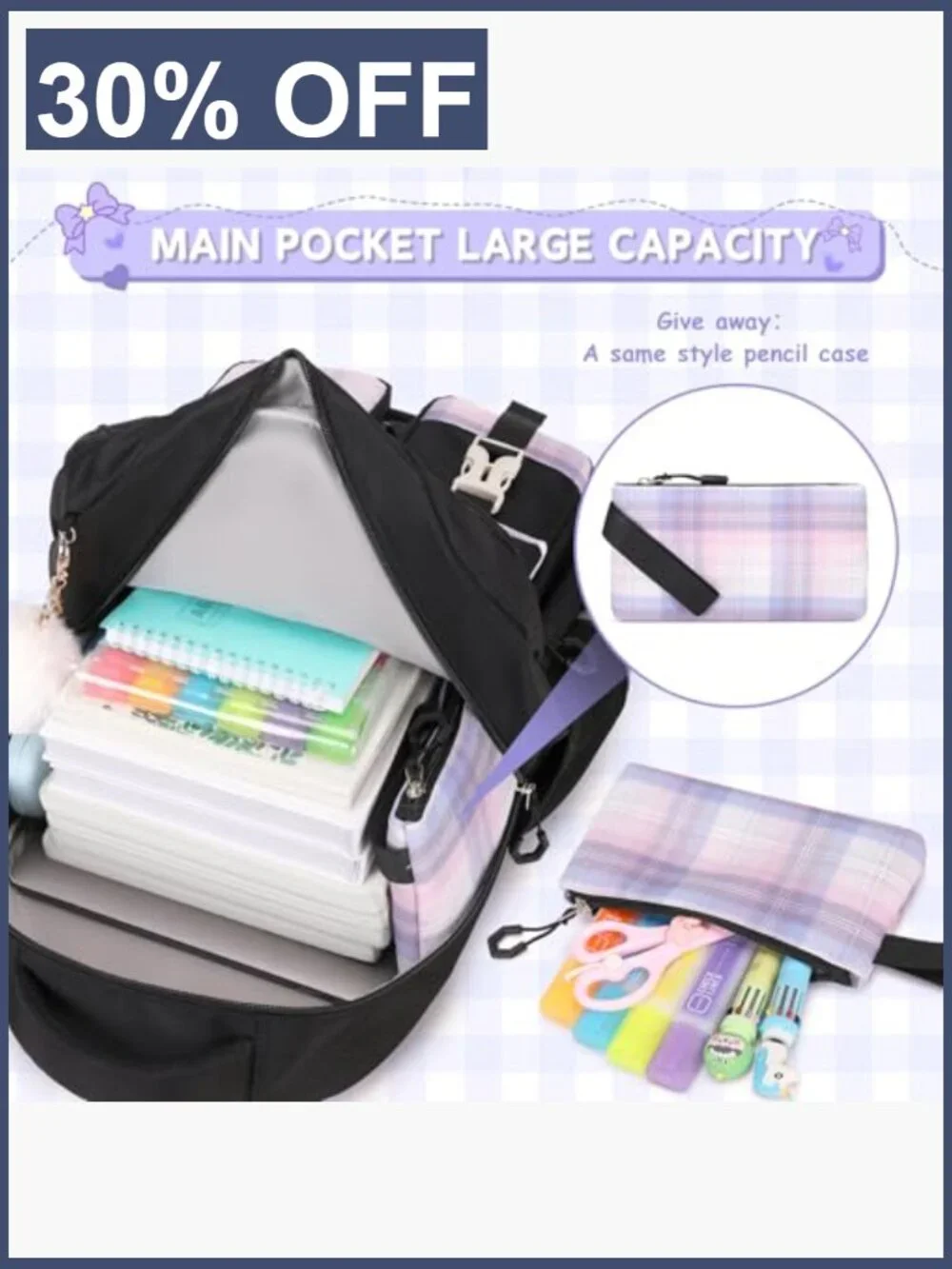 Girls Plaid Backpack Set with Lunch Bag and Pen Case, School Bookbag for Middle
